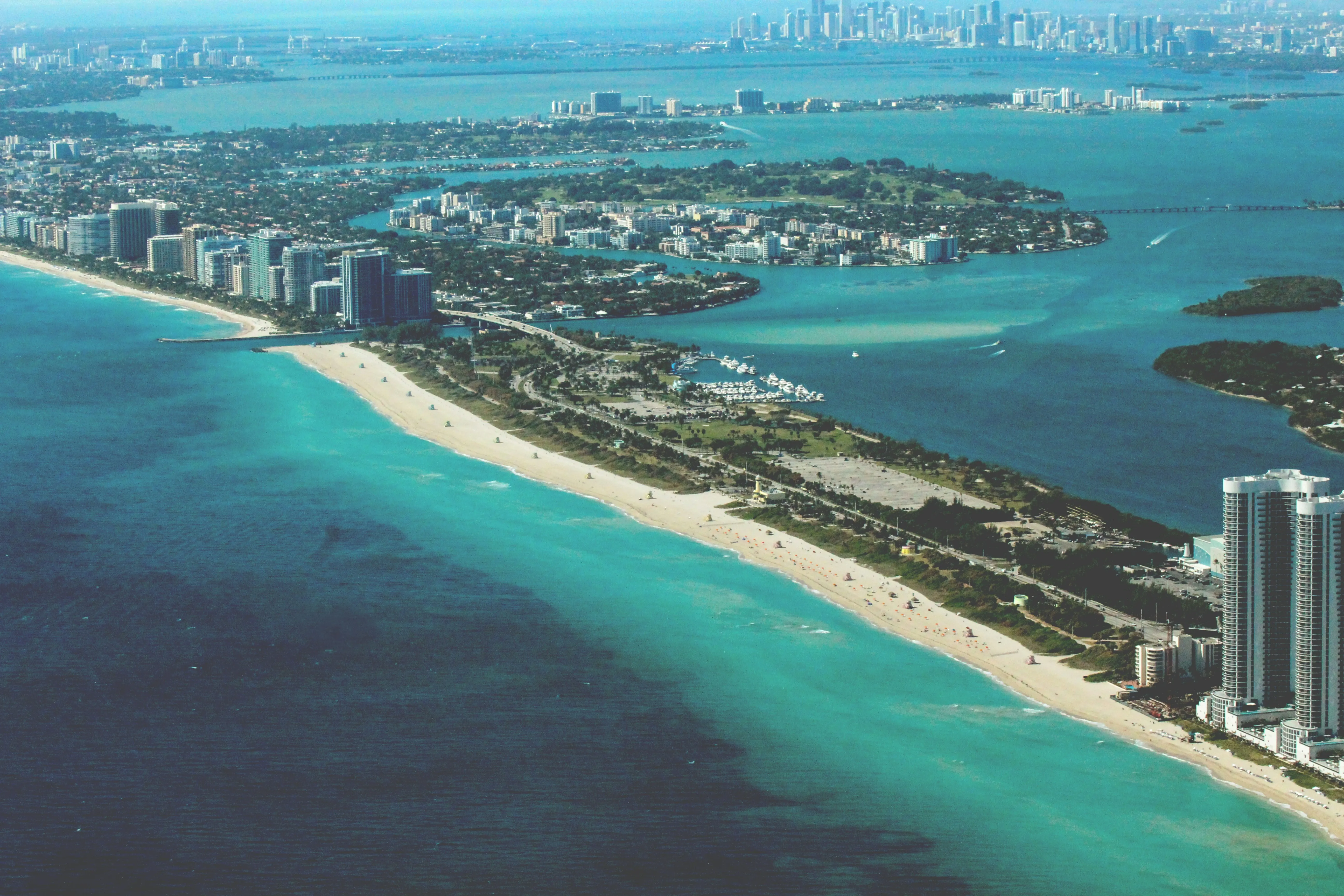 Aerial view of Miami Beach coastline and Biscayne Bay