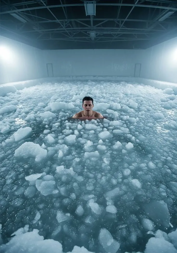 Man submerged to the shoulders in a wide ice bath crowded with floating ice chunks, cold overhead light and faint mist above the water