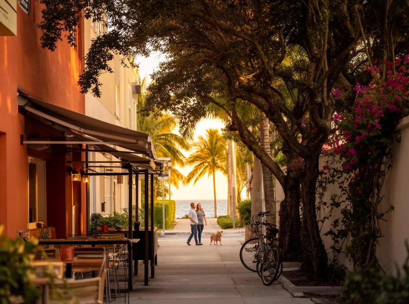 Couple walking a dog down a palm-lined Edgewater sidewalk at golden hour, cafe tables and bougainvillea along a terracotta wall