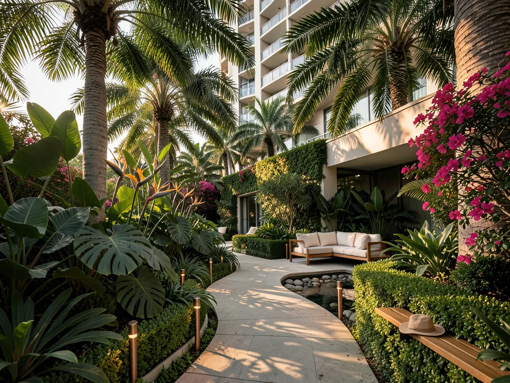 Lush garden courtyard with tropical palms and terrace seating