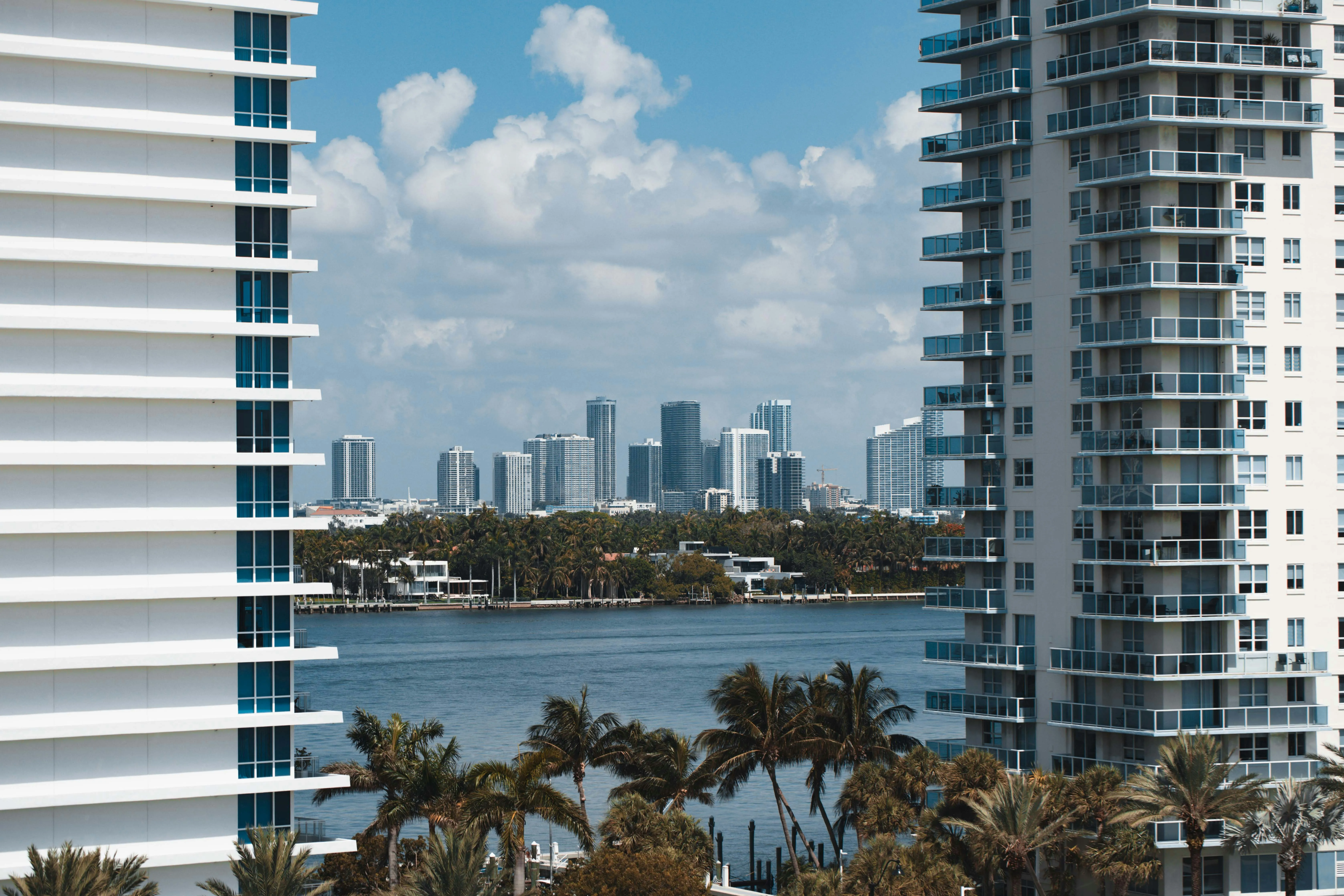 Bay view framed between two residential towers