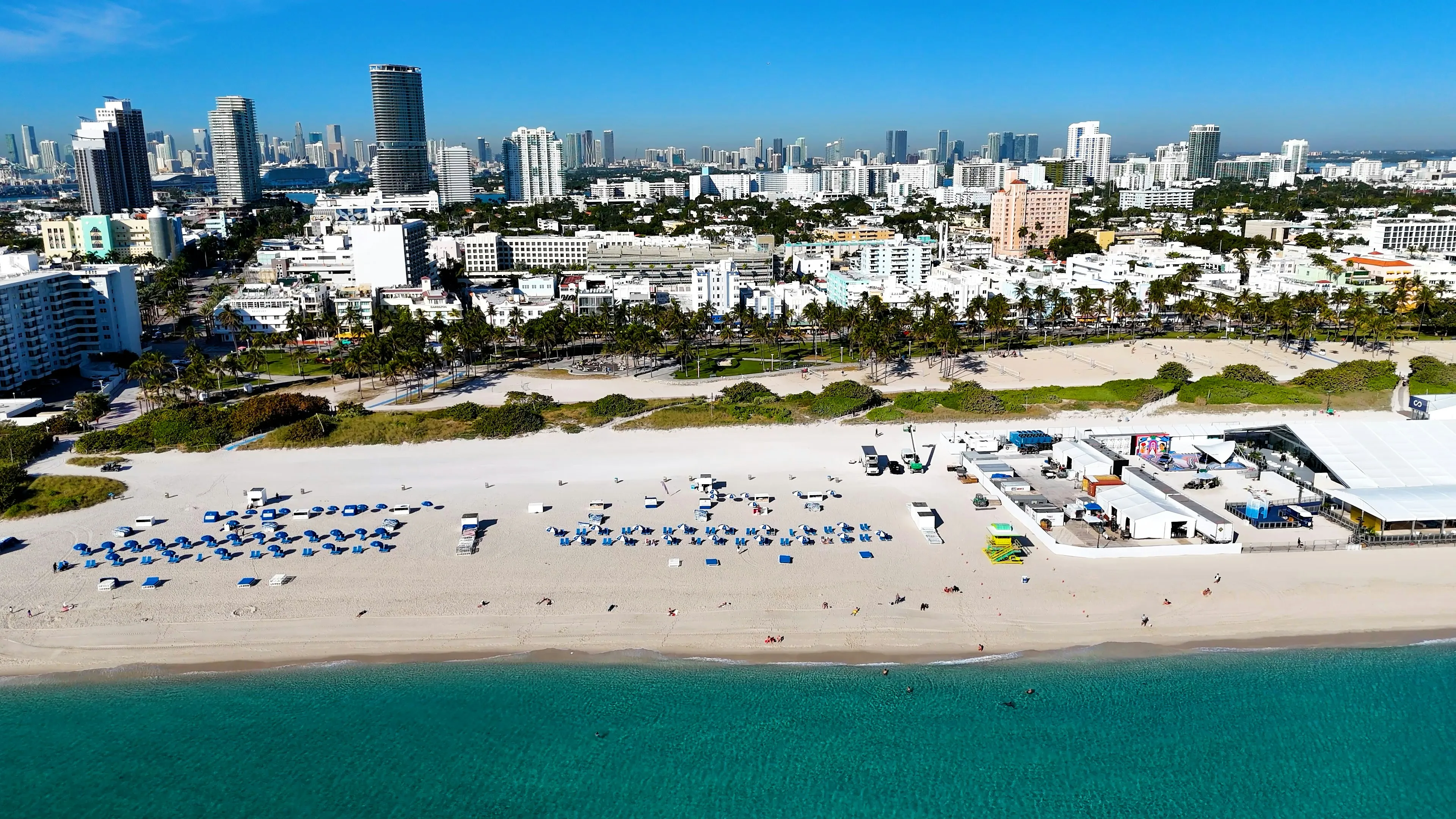 Aerial view of South Beach coastline and the city skyline