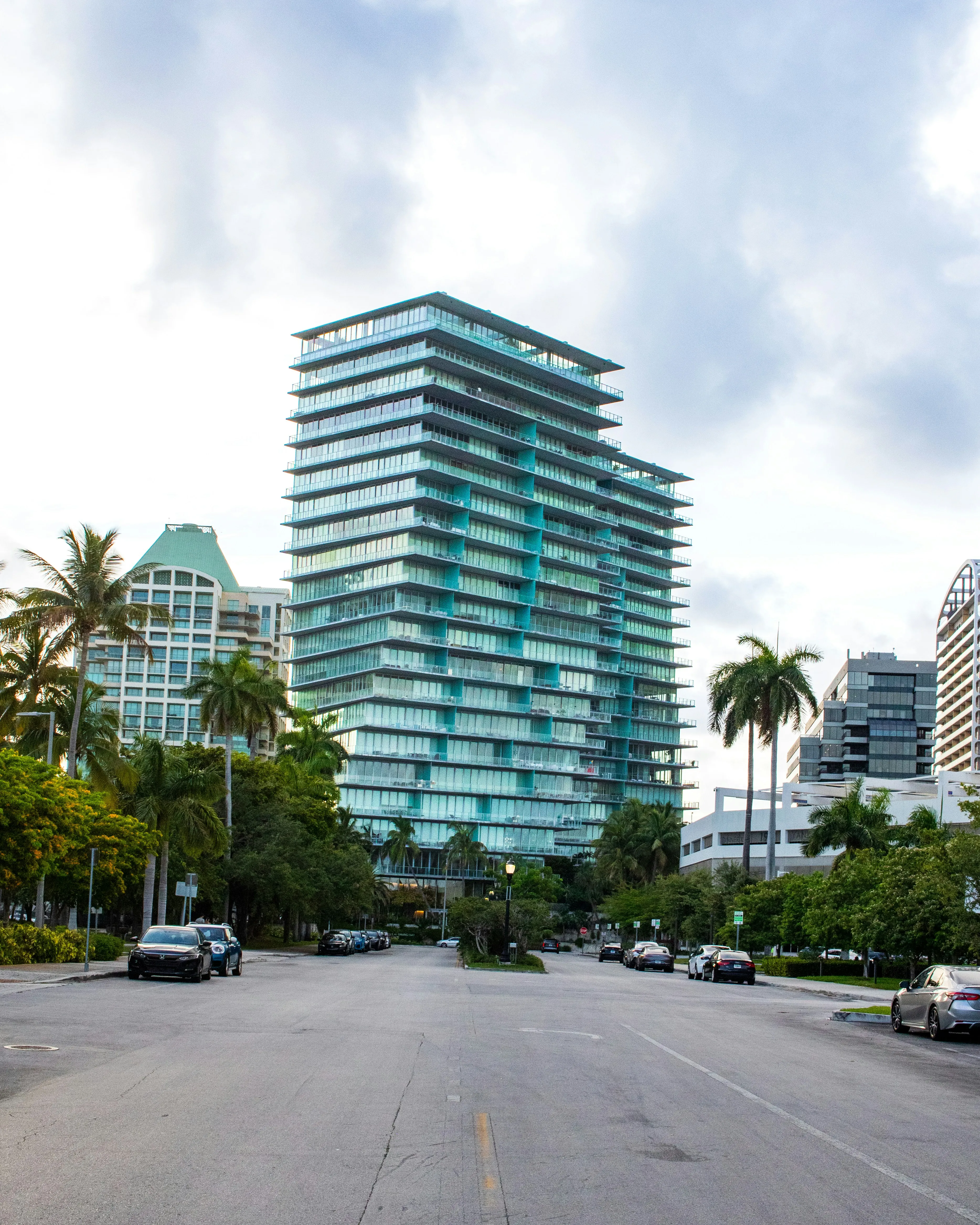 Glass tower rising above palm-lined Edgewater street