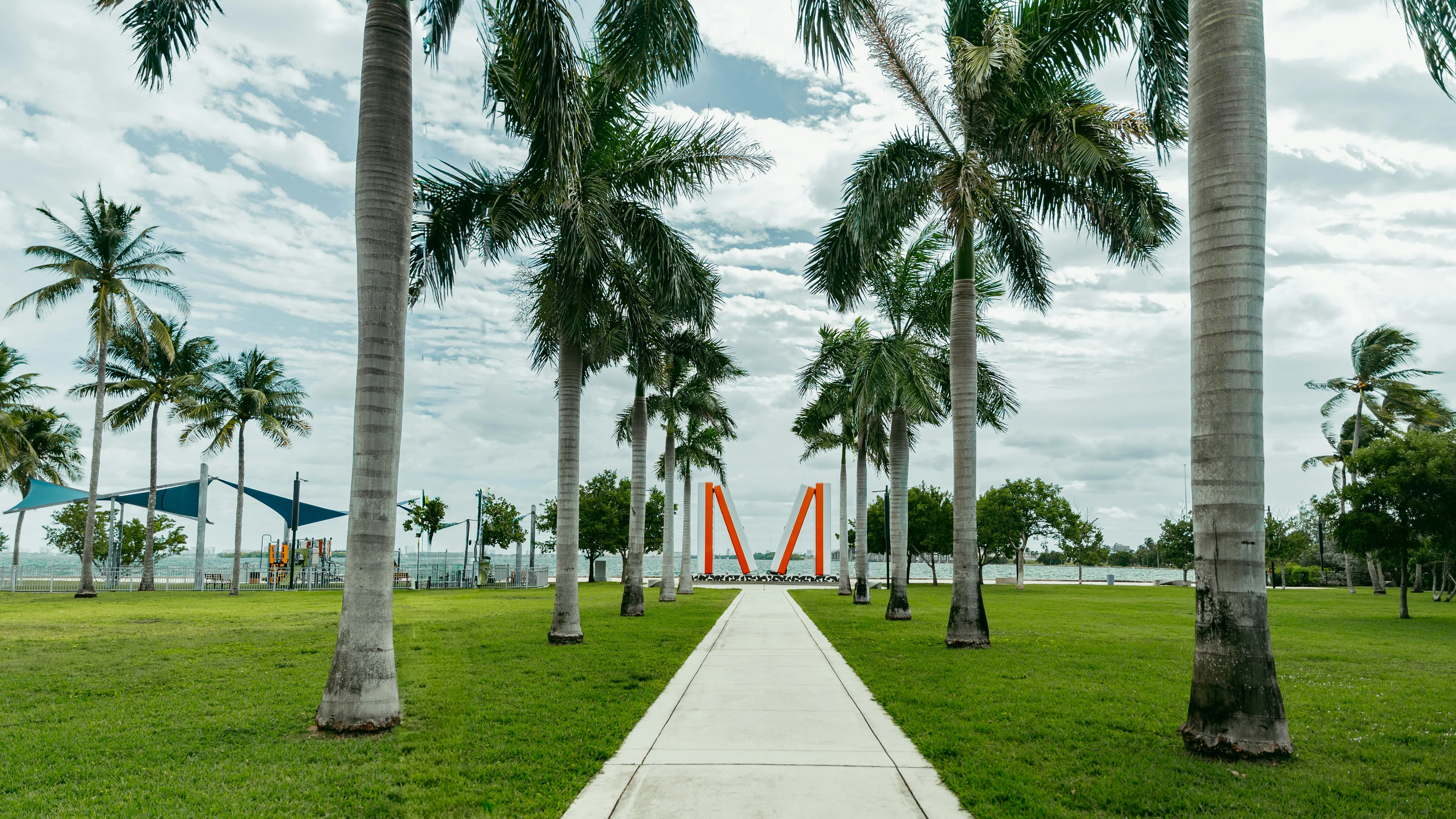Bay front park lined with royal palms