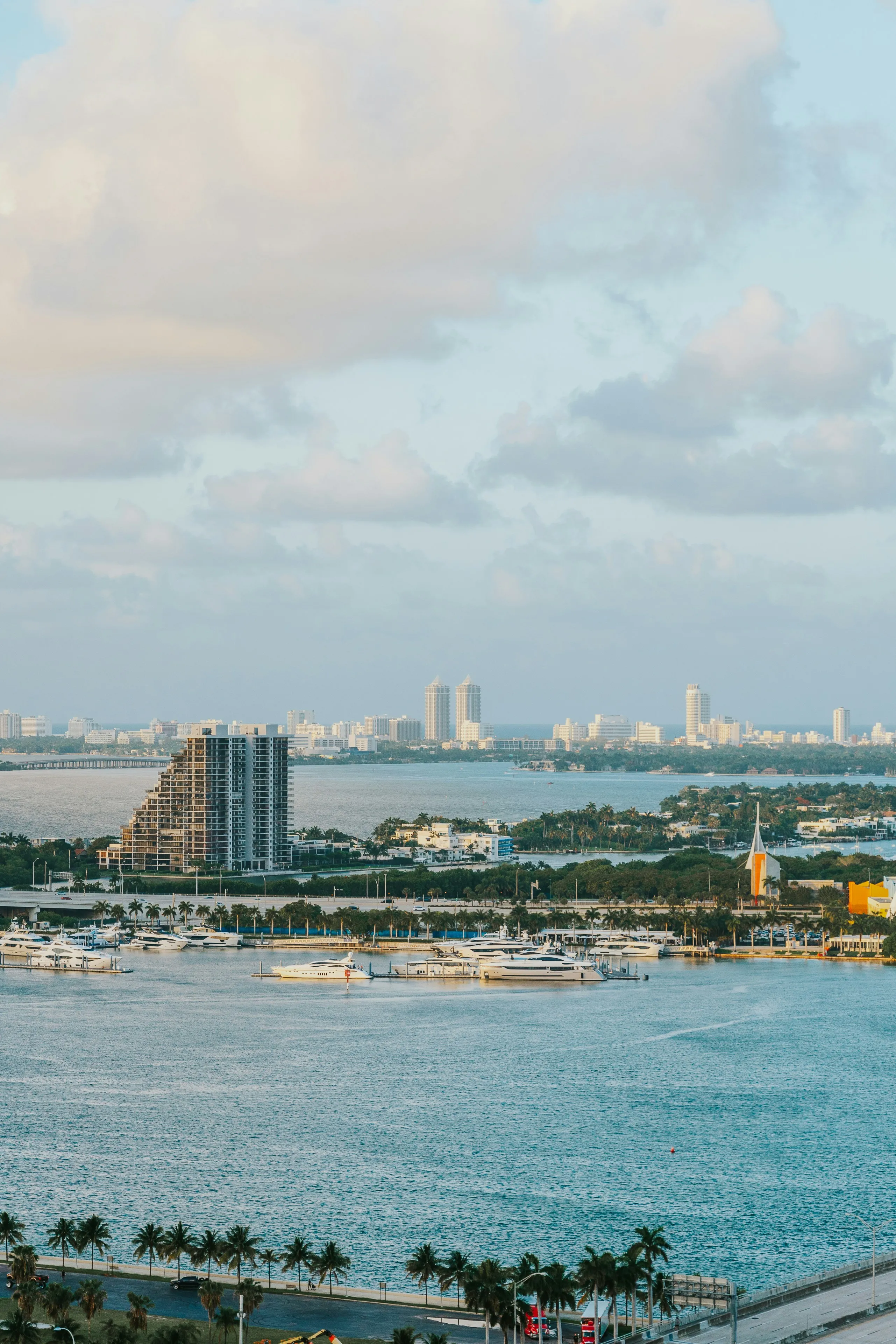 Bay marina and Miami skyline from penthouse height
