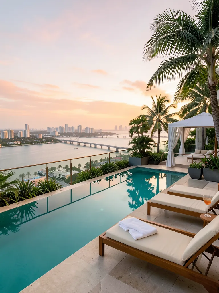 Infinity pool with bay and bridge at golden hour