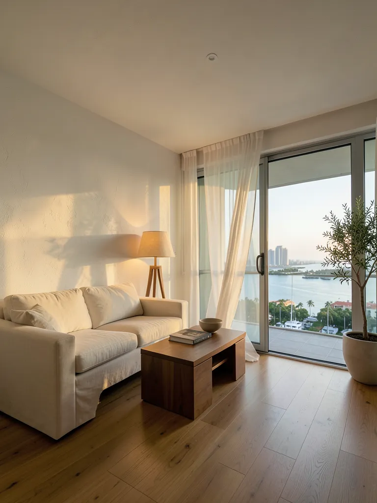 Living room with warm light and bay view through full-height glass